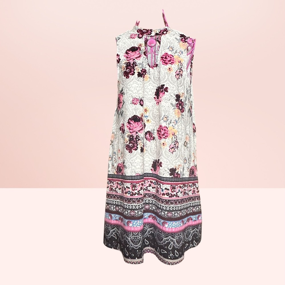 No Boundaries Floral Paisley Mock Neck Keyhole Dress Boho Pink Combo Medium 7-9